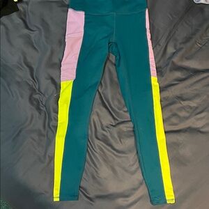 Fabletics Leggings in Teal, lavender , and neon Yellow